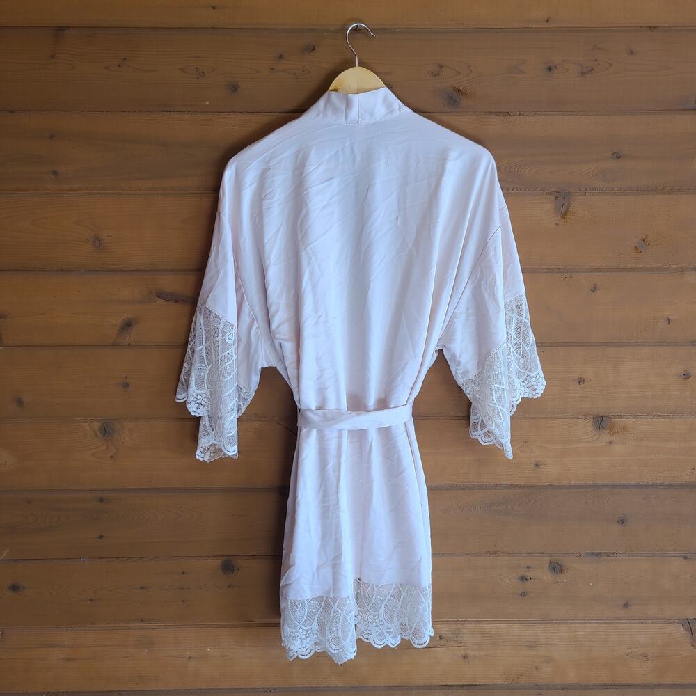Flora Nikrooz Gabby Satin Robe Pink Lace Charmeuse M Kimono Bridal Lingerie - Picture 4 of 7